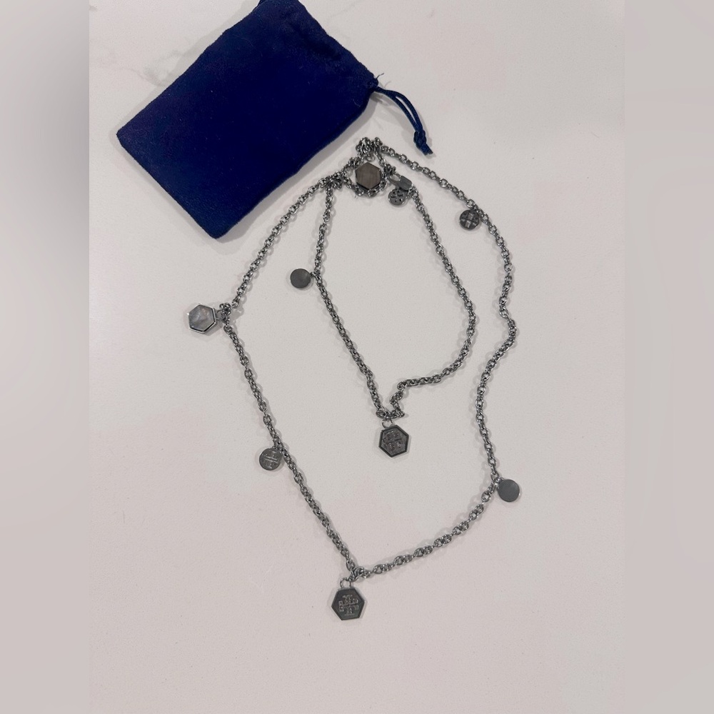 Tory Burch Silver Metallic Chain Rosary Necklace with Logo Charms